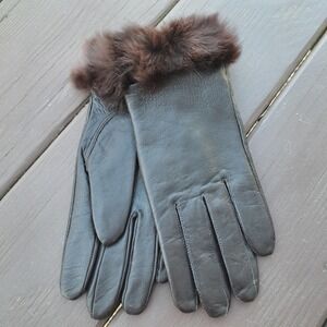 Gold Medal Hosiery Women's Brown Leather Gloves Natural Rabbit Fur Cuffs L/XL